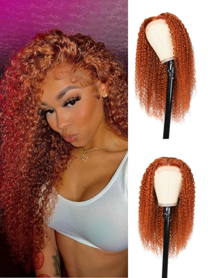 [24''=$109]180% Density Ginger Orange Jerry Curly 4x0.75 Lace Part Wigs Human Hair Flash Sale