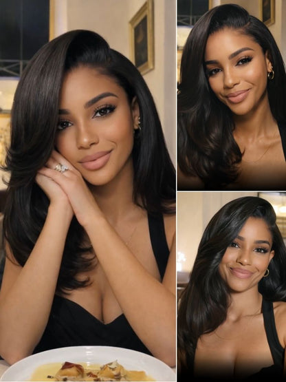 7x5 Pre Cut Side-Part Blowout Lob Yaki Straight Lace Part Wig With Face-framing Feathered Layers