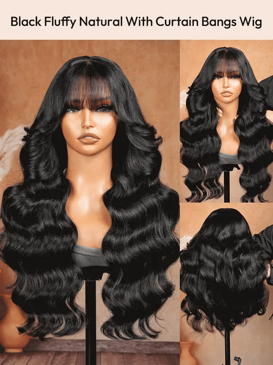 Pre-Everything 13x4 Lace Frontal Loose Wave Wigs with Bangs-Fluffy Hair  3D Dome Cap & Glueless