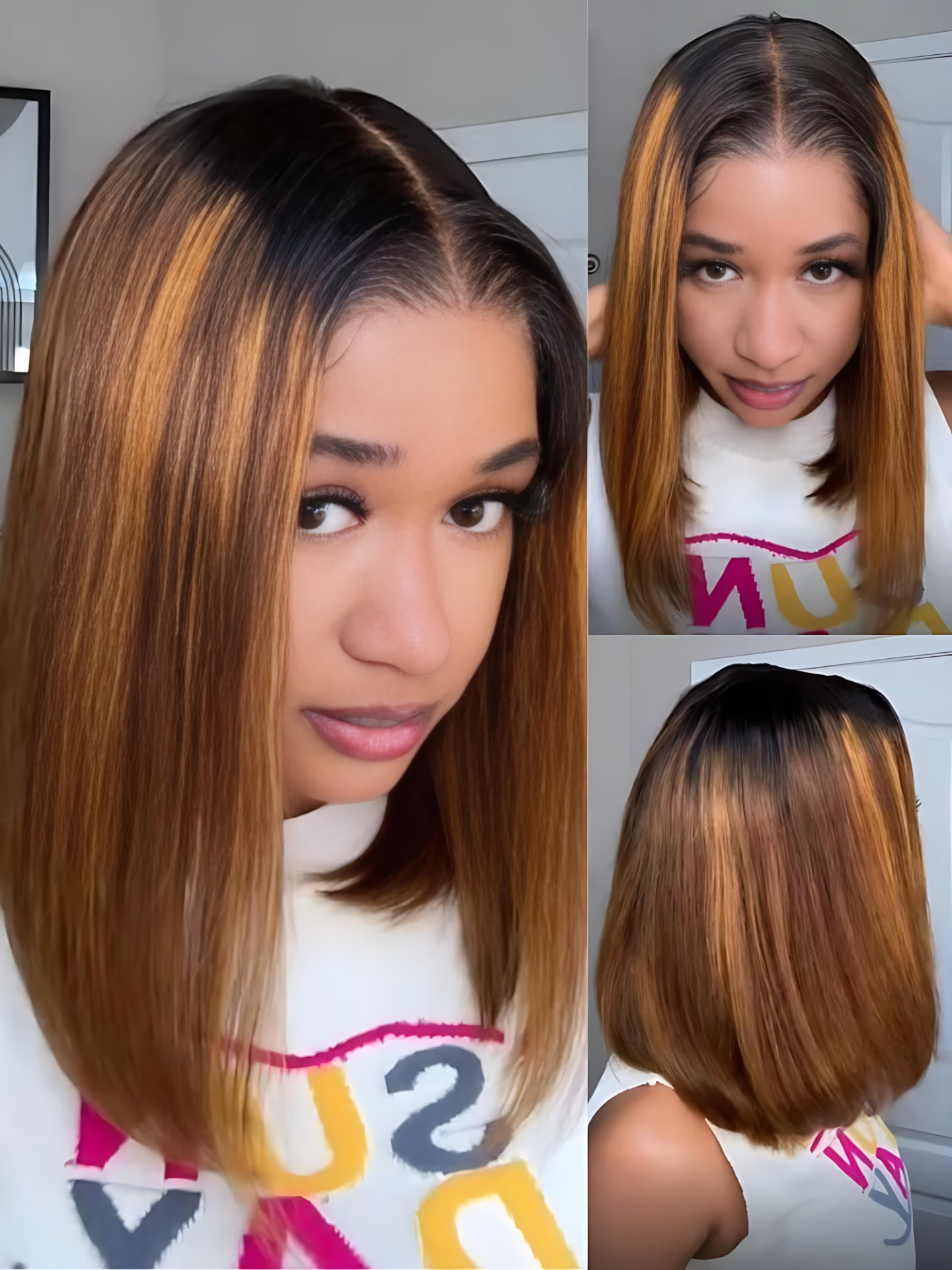 Caramel Highlights On Blonde 7x5/13x4 Pre Cut Lace Straight Bob Hair Wig With Dark Roots Flash Sale