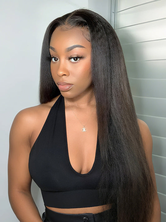 13x4 HD Real Scalp Pre Everything Natural Black Kinky Straight Lace Frontal Wig With Invisi Drawstring