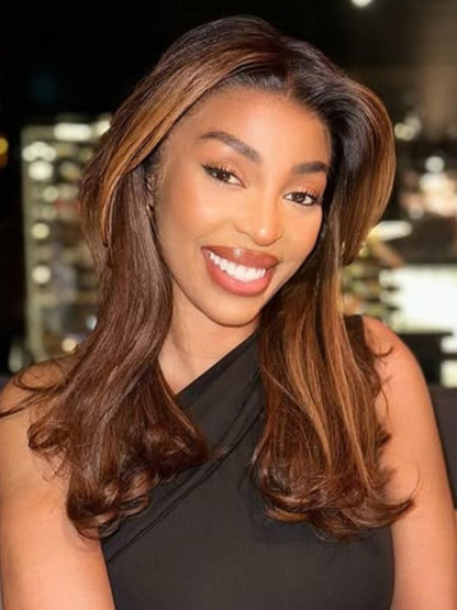 Caramel Highlights On Blonde 7x5/13x4 Pre Cut Lace Straight Bob Hair Wig With Dark Roots Flash Sale