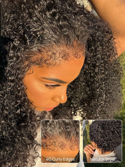 7x5 Pre Cut 200% 4C Kinky Edge Baby Hair Curly Pre-Cut Lace Human Hair Wigs Bleached Knots With Invisi Drawstring