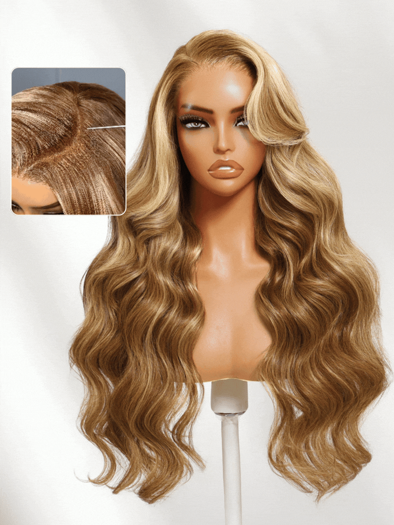 7x5 Pre-Cut Body Wave Bye Bye Knots Honey Blonde Glueless Highlights Lace Human Hair Wig
