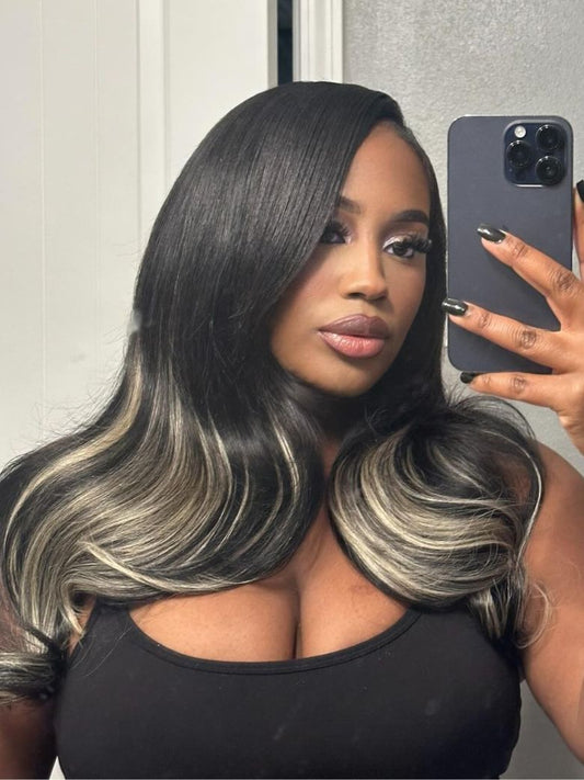200% Density Effortlessly Feathered Hairstyles Nature Black With 613# blonde highlights 7x5 Pre Cut Lace Wig With Layered Haircuts