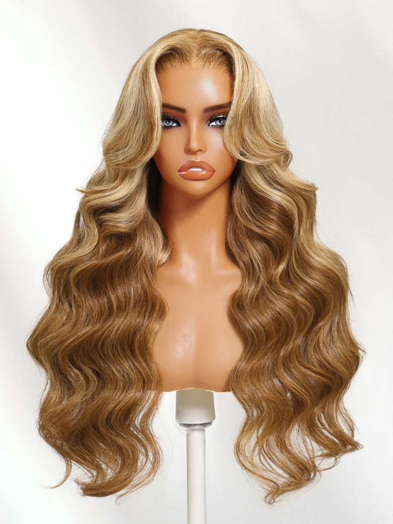 7x5 Pre-Cut Body Wave Bye Bye Knots Honey Blonde Glueless Highlights Lace Human Hair Wig
