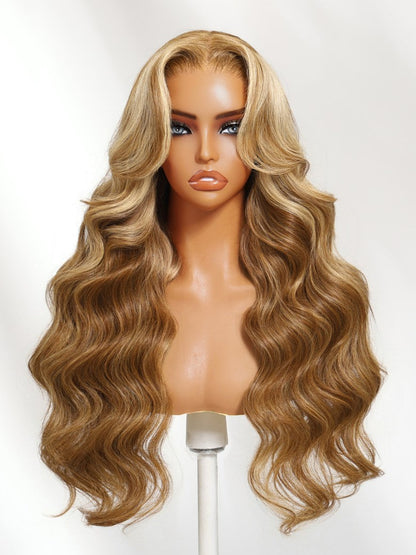 7x5 Pre-Cut Body Wave Bye Bye Knots Honey Blonde Glueless Highlights Lace Human Hair Wig