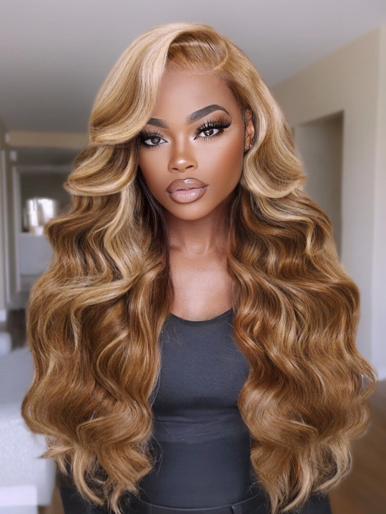7x5 Pre-Cut Body Wave Bye Bye Knots Honey Blonde Glueless Highlights Lace Human Hair Wig
