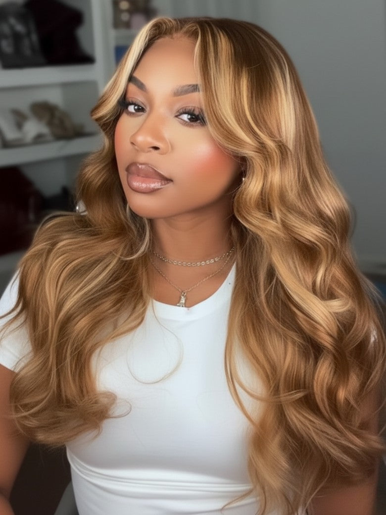 7x5 Pre-Cut Body Wave Bye Bye Knots Honey Blonde Glueless Highlights Lace Human Hair Wig
