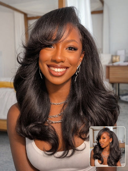 7x5 Pre Cut Side-Part Blowout Lob Yaki Straight Lace Part Wig With Face-framing Feathered Layers