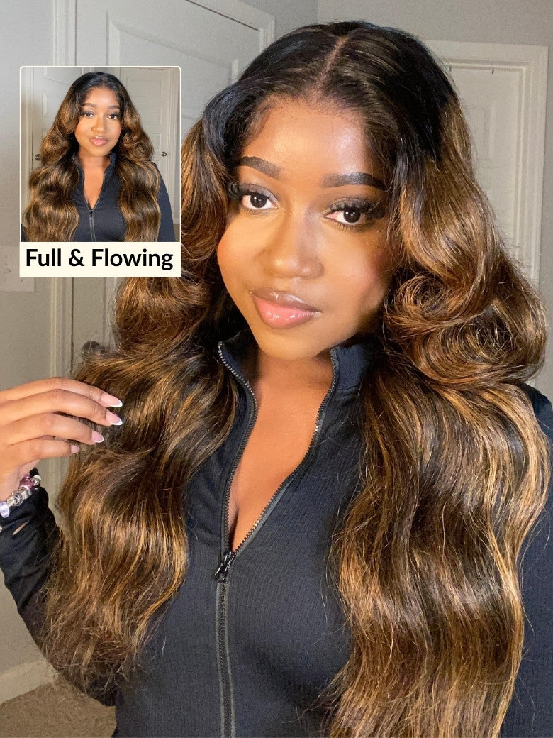 7x5 Pre Cut Balayage Highlight Body Wave Lace Wigs With Invisi Drawstring