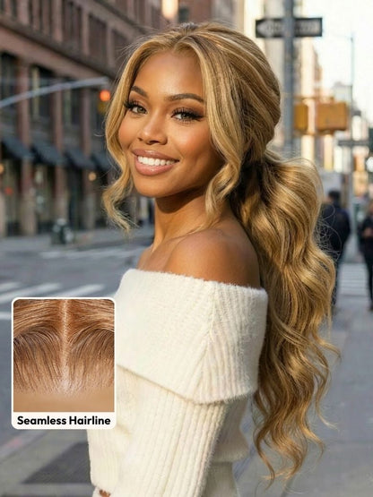 7x5 Pre-Cut Body Wave Bye Bye Knots Honey Blonde Glueless Highlights Lace Human Hair Wig