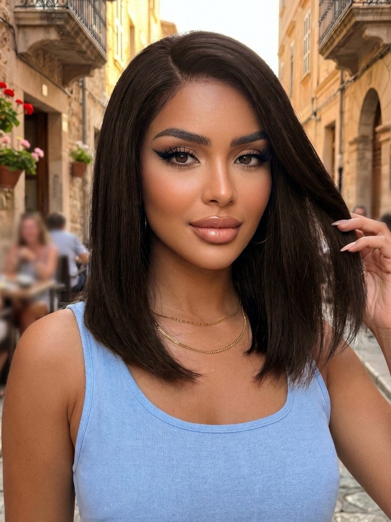 7x5 Pre Cut Side Part Yaki Straight Bob Rich Espresso Brown Shoulder-Length Lace Wig with Invisi Drawstring Flash Sale