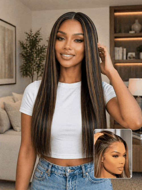 7x5 Pre Cut Golden Brown Highlights Yaki Straight Lace Closure Wig With Invisi Drawstring