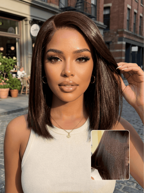 7x5 Pre Cut Side Part Yaki Straight Bob Rich Espresso Brown Shoulder-Length Lace Wig with Invisi Drawstring Flash Sale