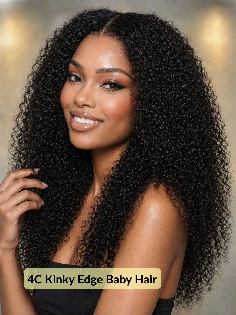 7x5 Pre Cut 200% 4C Kinky Edge Baby Hair Curly Pre-Cut Lace Human Hair Wigs Bleached Knots With Invisi Drawstring