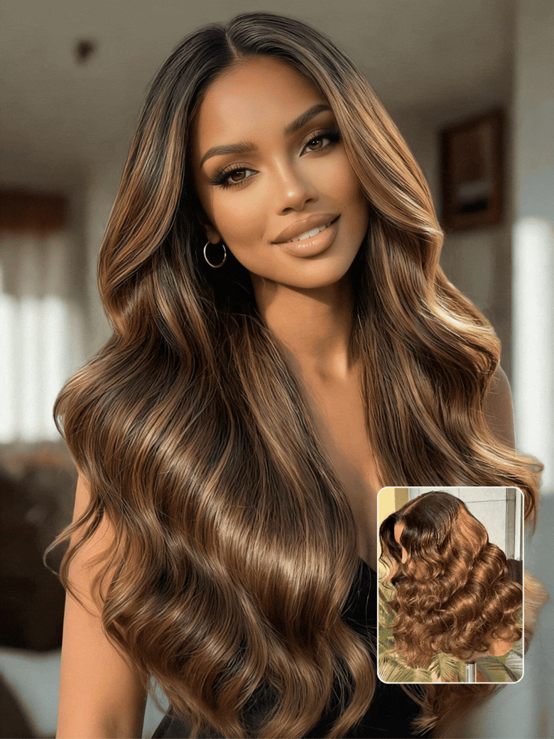 7x5 Pre Cut Balayage Highlight Body Wave Lace Wigs With Invisi Drawstring