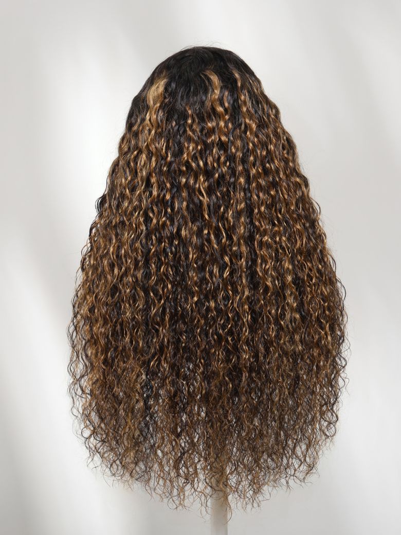 7x5 Pre Cut Water Wave Balayage Highlight Dark Roots Side Part Lace Wig With Invisi Drawstring