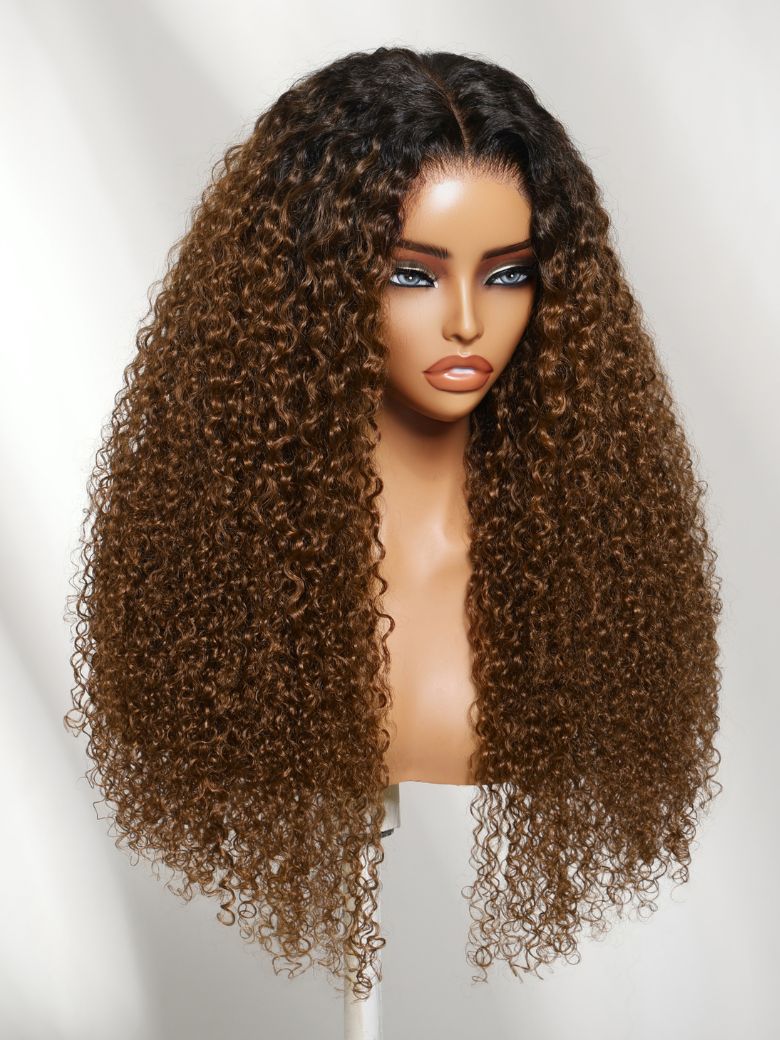 7x5 Pre Cut Sun-Kissed Curly Wave Warm Caramel Brown With Dark Roots Lace Wig With Invisi Drawstring