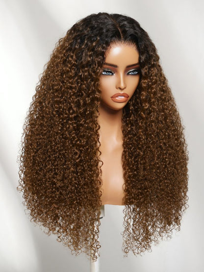 7x5 Pre Cut Sun-Kissed Curly Wave Warm Caramel Brown With Dark Roots Lace Wig With Invisi Drawstring