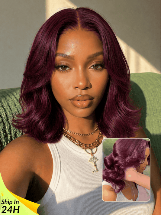 Purple Black Cherry Wispy Blow Out 7x5 Pre Cut Lace Loose Wave Bob Wig With Invisi Drawstring