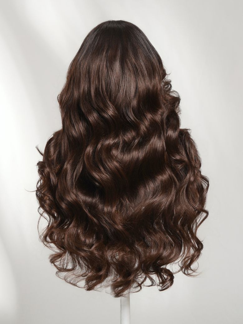 7x5 Pre Cut Salon Espresso Brown Ombre Loose Wave Lace Wig With Face-Framing Feathered Layers with Wispy Bangs