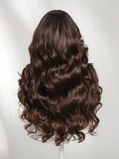 7x5 Pre Cut Salon Espresso Brown Ombre Loose Wave Lace Wig With Face-Framing Feathered Layers with Wispy Bangs
