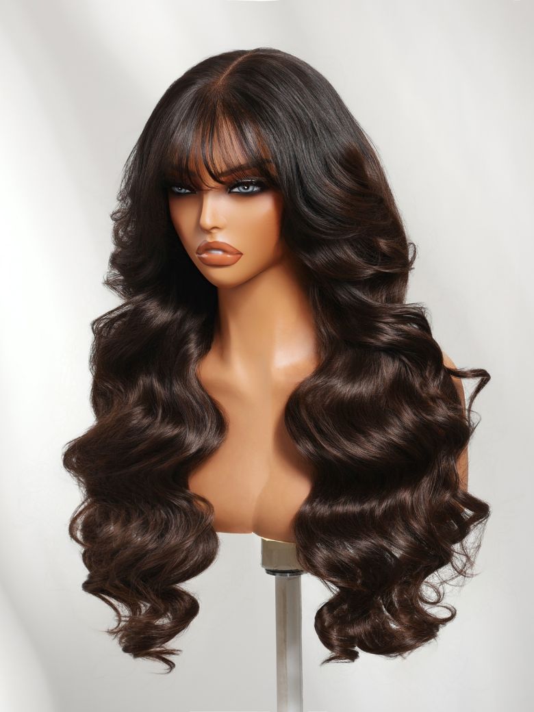 7x5 Pre Cut Salon Espresso Brown Ombre Loose Wave Lace Wig With Face-Framing Feathered Layers with Wispy Bangs
