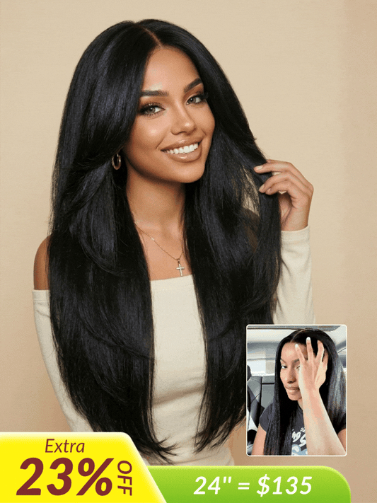 200% Density 13x4 Pre Everything Face-framing Feathered Layers Yaki Straight Lace Frontal Wig With Invisi Drawstring