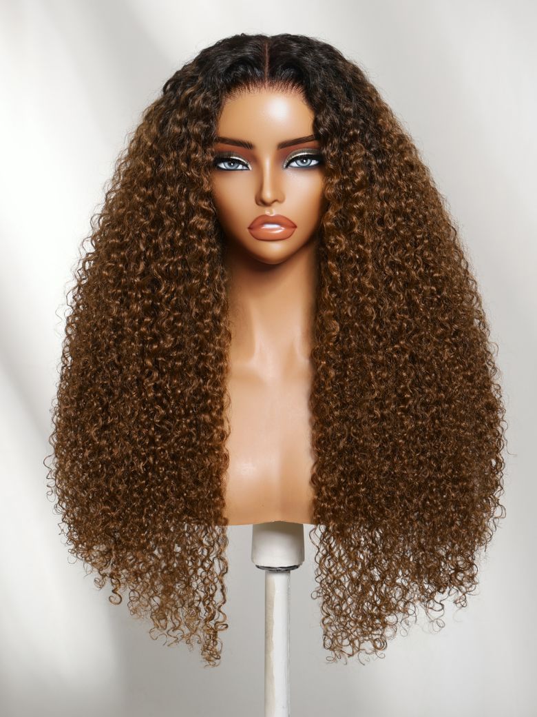 7x5 Pre Cut Sun-Kissed Curly Wave Warm Caramel Brown With Dark Roots Lace Wig With Invisi Drawstring