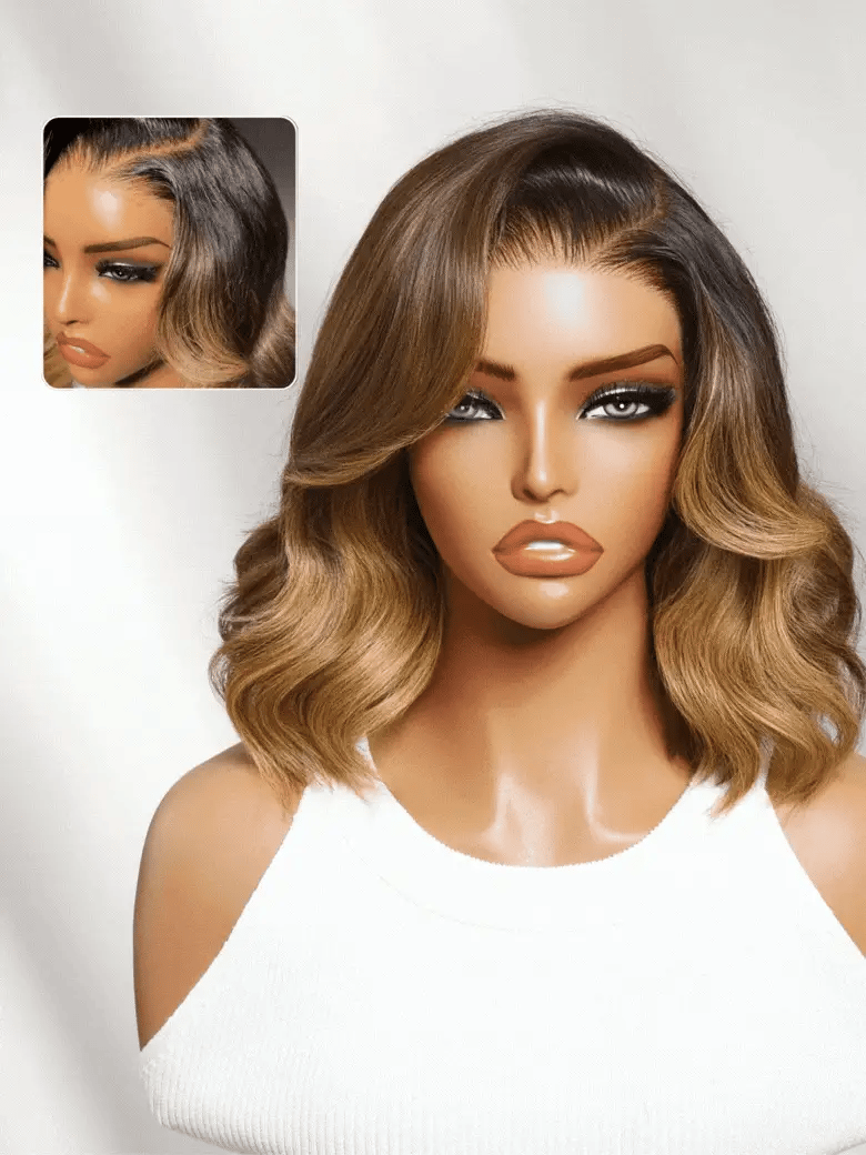 13x4 Pre Everything Brown Highlights with Dark Root Body Wave Lace Frontal Wig With Layers Shoulder Flip-Out Curls