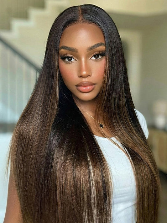 Natural Blend. Effortless Beauty - 7x5 Glueless Lace Black to Chestnut Brown Ombre Yaki Straight Wig