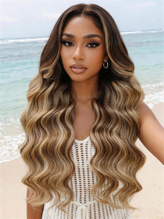 Honey Blonde 13x4 Pre Everything Balayage Body Wave Lace Frontal Wig With Chestnut Brown Root