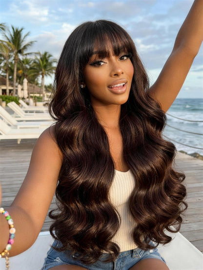 7x5 Pre Cut Salon Espresso Brown Ombre Loose Wave Lace Wig With Face-Framing Feathered Layers with Wispy Bangs