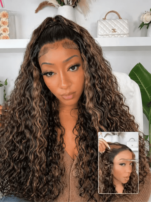 Golden Brown Highlights 7x5 Bye Bye Knots Water Wave Lace Closure Wig With Pre Bleached Tiny Knots
