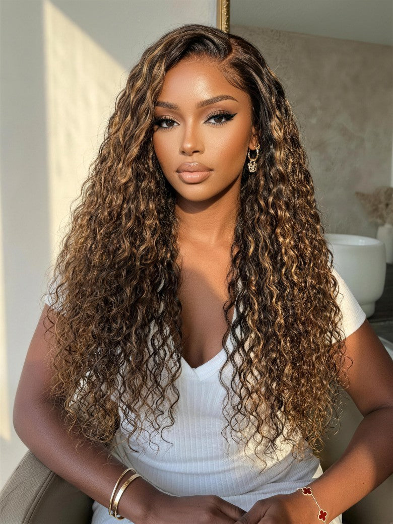 7x5 Pre Cut Water Wave Balayage Highlight Dark Roots Side Part Lace Wig With Invisi Drawstring