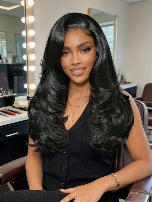 200% Density Feathered Hairstyles With Face-framing Side-swept Bang 7x5 Pre Cut Lace Wig With Flip-In Layers