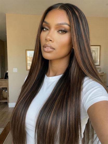7x5 Pre Cut Golden Brown Highlights Yaki Straight Lace Closure Wig With Invisi Drawstring