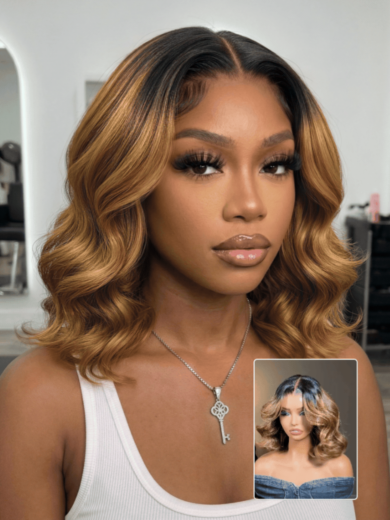Caramel Highlights On Blonde 7x5/13x4 Pre Cut Lace Straight Bob Hair Wig With Dark Roots Flash Sale