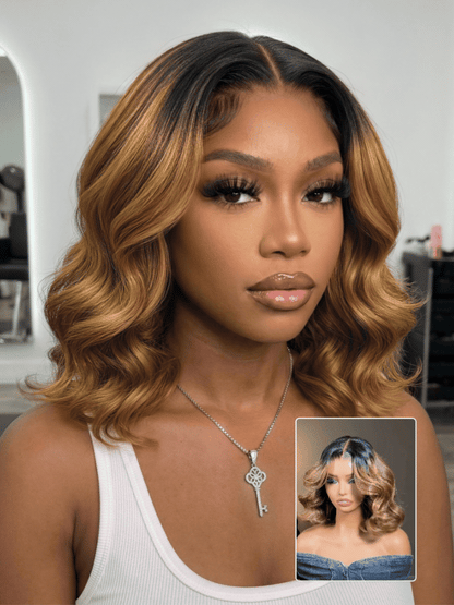 Caramel Highlights On Blonde 7x5/13x4 Pre Cut Lace Straight Bob Hair Wig With Dark Roots Flash Sale
