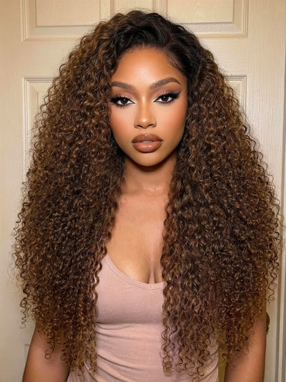 7x5 Pre Cut Sun-Kissed Curly Wave Warm Caramel Brown With Dark Roots Lace Wig With Invisi Drawstring