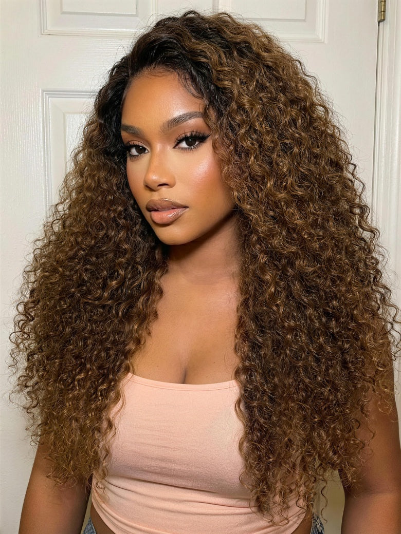 7x5 Pre Cut Sun-Kissed Curly Wave Warm Caramel Brown With Dark Roots Lace Wig With Invisi Drawstring