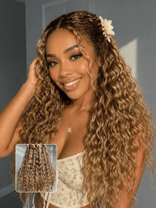 Water Wave Honey Blonde Highlighted 13x4 Pre Everything Lace Frontal Wig With Invisi Drawstring