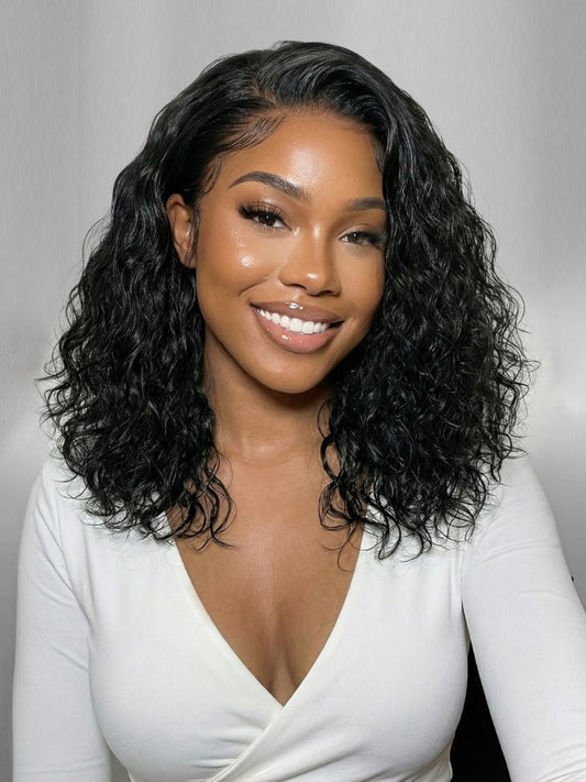 220% density 6X4 Glueless Lace "C" Side Part Shoulder-length Water Wave Short Wavy Bob Soft Natural Waves Wig With Invisi Drawstring