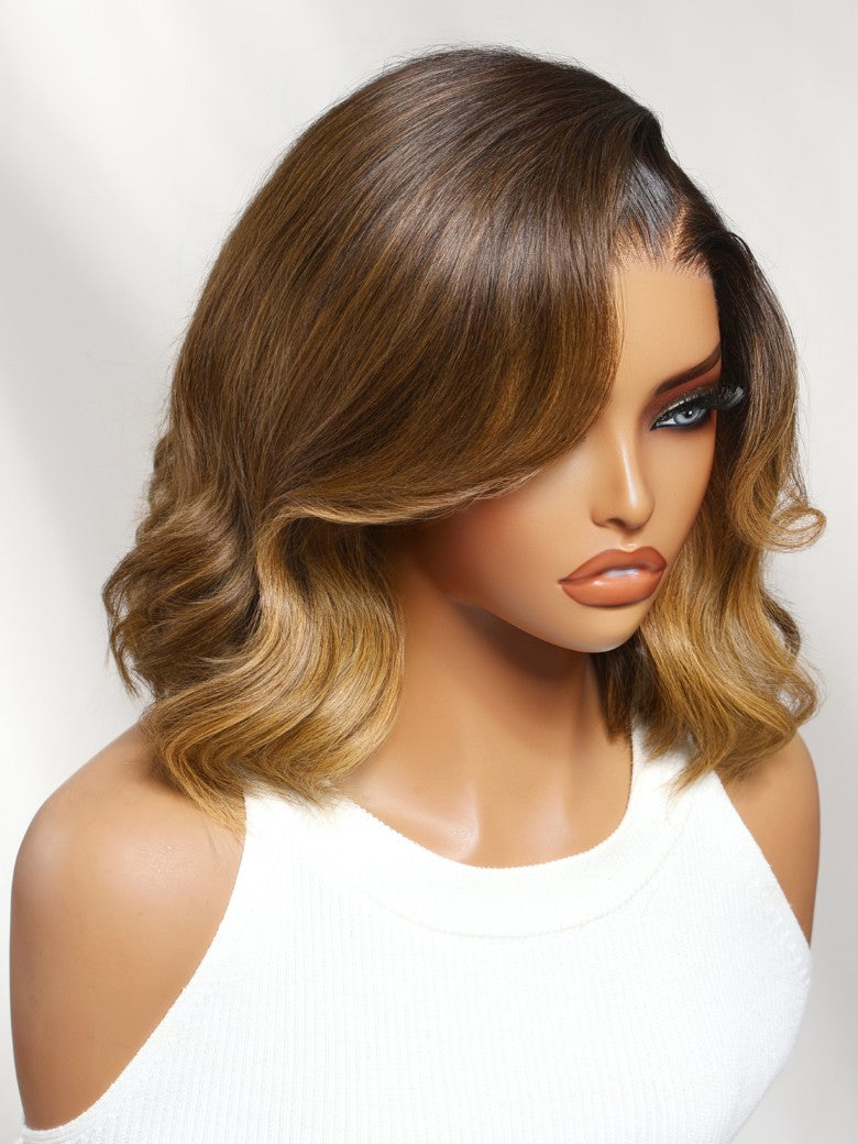 13x4 Pre Everything Brown Highlights with Dark Root Body Wave Lace Frontal Wig With Layers Shoulder Flip-Out Curls
