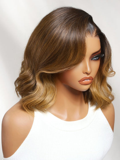 13x4 Pre Everything Brown Highlights with Dark Root Body Wave Lace Frontal Wig With Layers Shoulder Flip-Out Curls