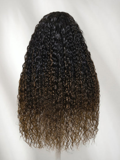 7x5 Pre Cut Ombre Chestnut Brown Water Wave & Curly Mixed Lace Wig With Invisi Drawstring