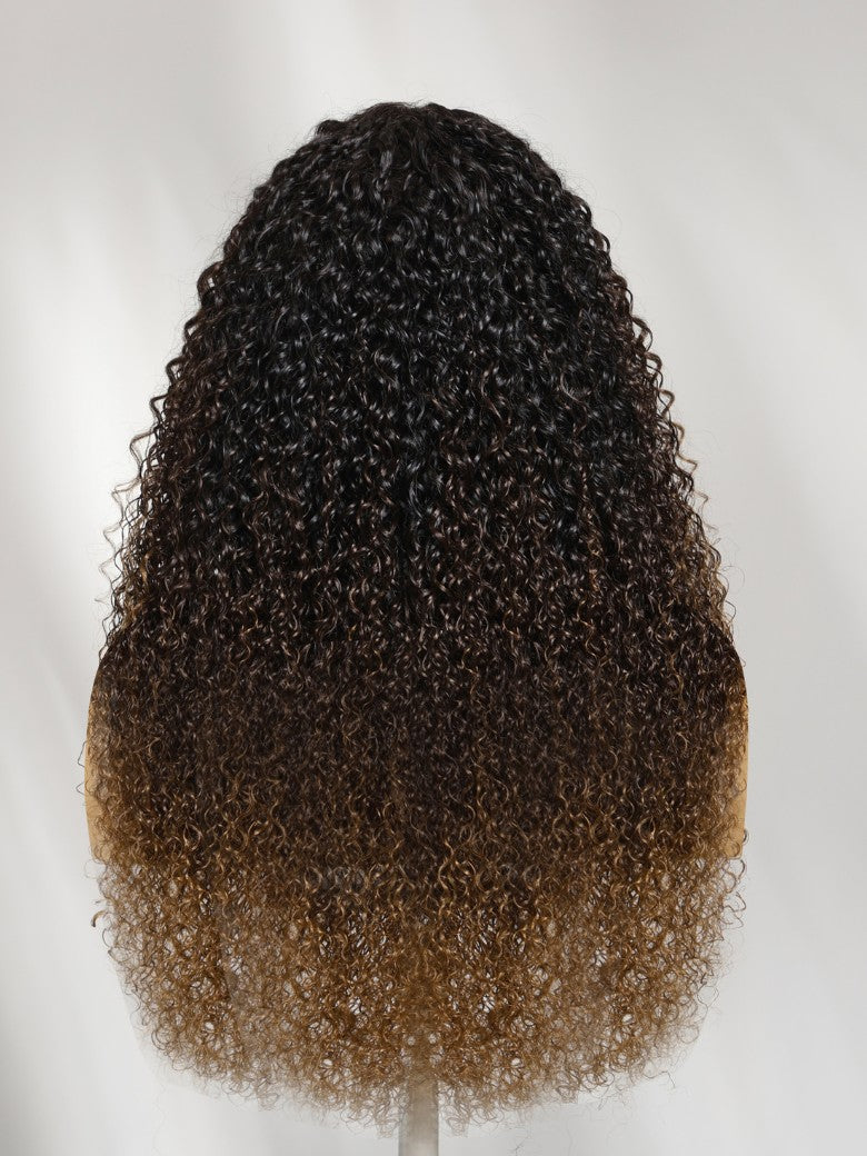 7x5 Pre Cut Dark Brown Ombre With Caramel Ends Curly Wave Lace Wig With Finger Coil Defined Curls