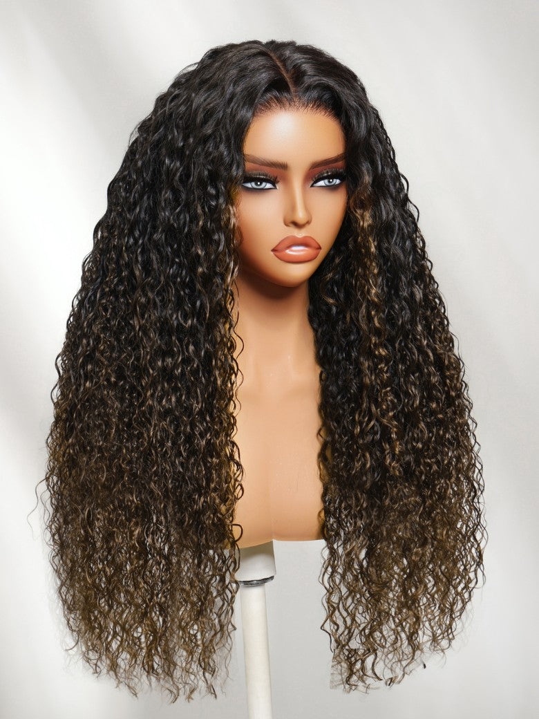 7x5 Pre Cut Ombre Chestnut Brown Water Wave & Curly Mixed Lace Wig With Invisi Drawstring