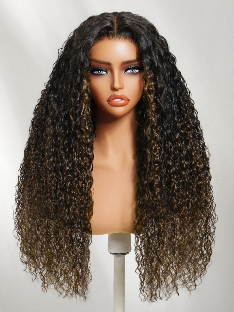 7x5 Pre Cut Ombre Chestnut Brown Water Wave & Curly Mixed Lace Wig With Invisi Drawstring